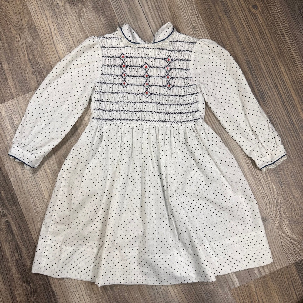 Vintage Coquette Southern Belle Hand Smocked Polka Dot Dress White Black Girls 6